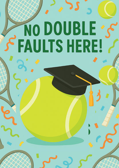 Tennis ball with a graduation cap surrounded by tennis rackets and confetti on a light blue background. A Cows Corner personalised card