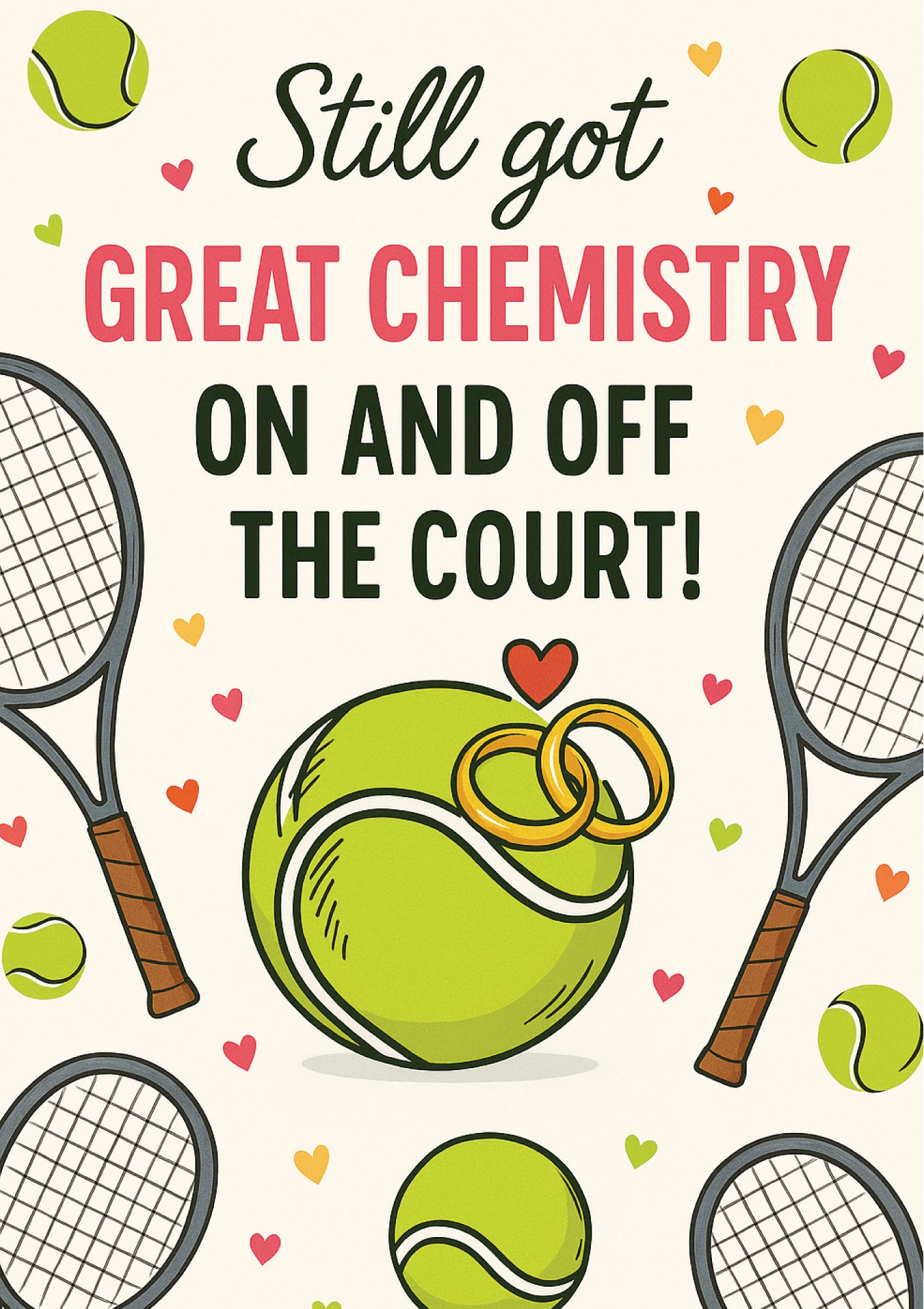 Card with tennis ball, rackets, and text 'Still got great chemistry on and off the court!' on a white background.  A Cows Corner personalised card