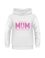 A white hoodie with a lovely tennis saying on the front that reads 'Tennis with Mums. Best. Day. Ever!'