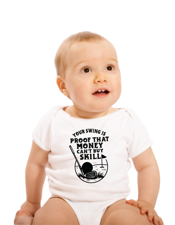 Baby wearing a white onesie with a humorous graphic and text.