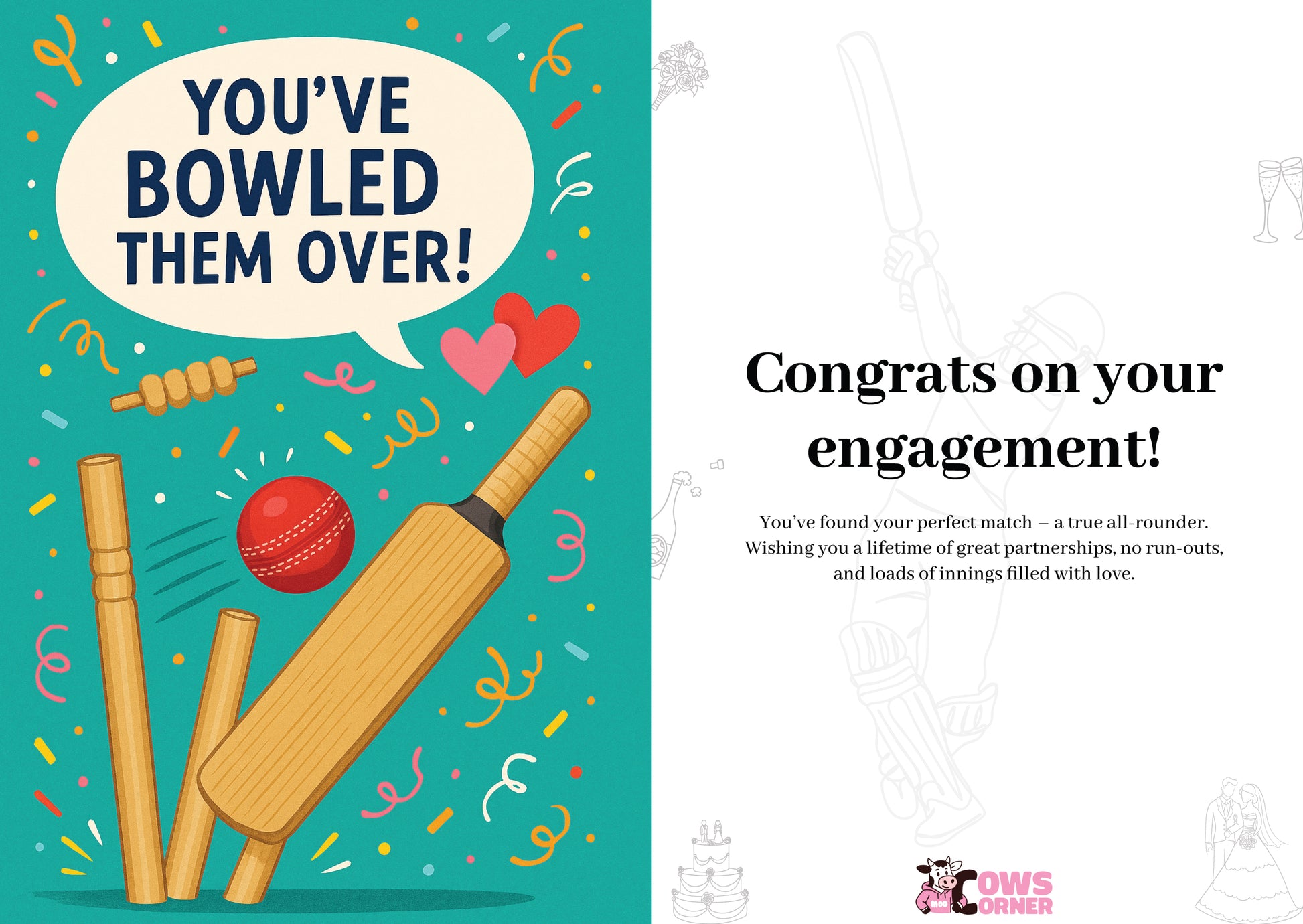 A new proposal congratulations card that says 'You’ve bowled them over!' on the front