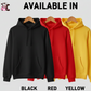 Three hoodies in black, red, and yellow on hangers with text 'Available In' above. indicates and what colours you can print Cows Corner funny cricket, football, Tennis, golf, rugby and Darts slogans on - the perfect gift for all sports fans and perfect for birthdays, Christmas and christenings or just a thoughtful gift.