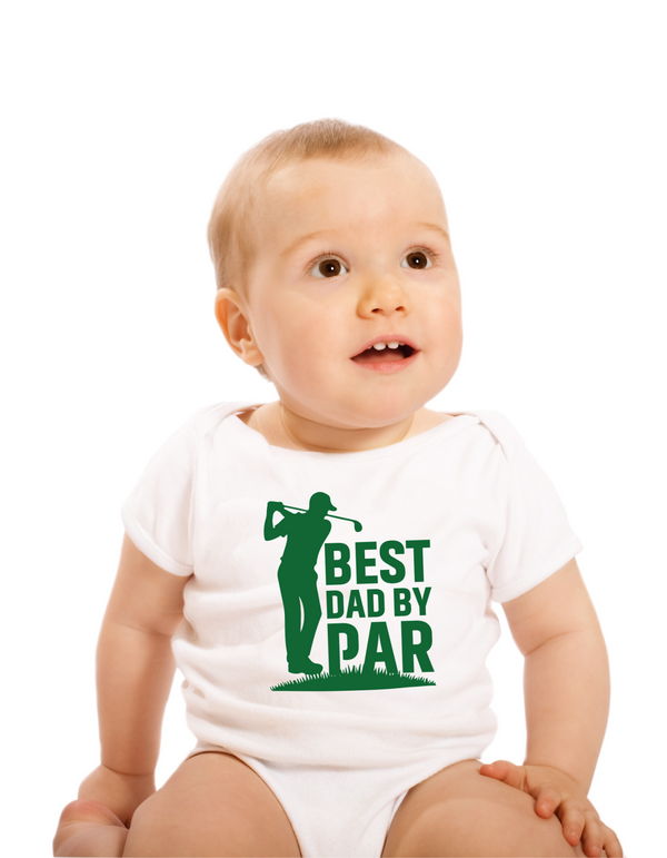 Baby wearing a white onesie with green text and graphic on a white background  with a Cows Corner slogan, Best dad by par.