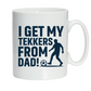 A ceramic white mug with the funny football saying on the front saying 'I Get My Tekkers From Dad'