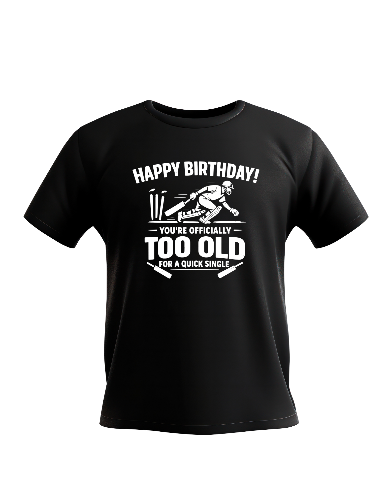 Black t-shirt with white text and graphic on a white background.  This is a Cows Corner t-shirt with the funny cricket birthday slogan that reads 'Happy Birthday! You’re Officially Too Old for a Quick Single'.  Cows Corner gifts are perfect for sport-mad fans, these gifts work brilliantly for birthdays, new baby celebrations, Father’s Day, Mother’s Day, Christmas, anniversaries, thank you gifts, end-of-season team awards, graduations, retirements, and just-because moments when you want to raise a smile. 
