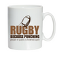 White mug with rugby-themed text and graphics on a white background with a Cows Corner slogan saying Rugby because punching people in public is frowned upon