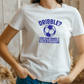 A lady wearing a white t-shirt with a funny football slogan on the front that reads 'Dribble You Can Barely Walk Straight!'