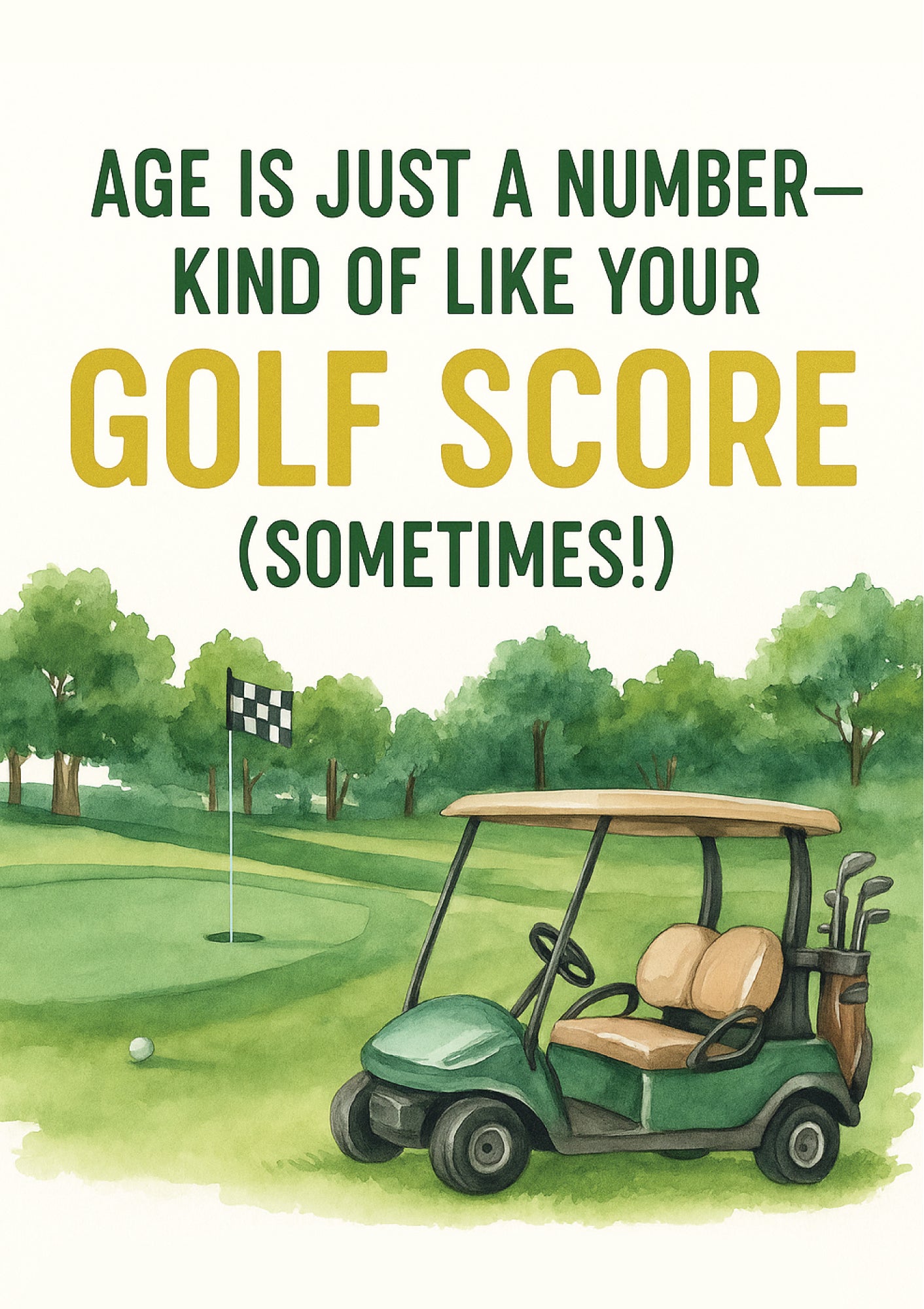 Golf cart on a golf course with text 'Age is just a number--kind of like your golf score (sometimes!)' on a green background.  This is a Cows Corner golf themed birthday card.