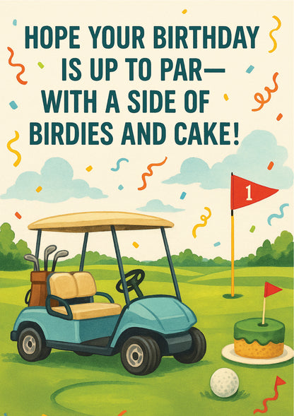 Golf-themed birthday card with golf cart, cake, and ball on a green field background. A Cows Corner Golf birthday card - Hope Your Birthday Is Up to Par—With a Side of Birdies and Cake!