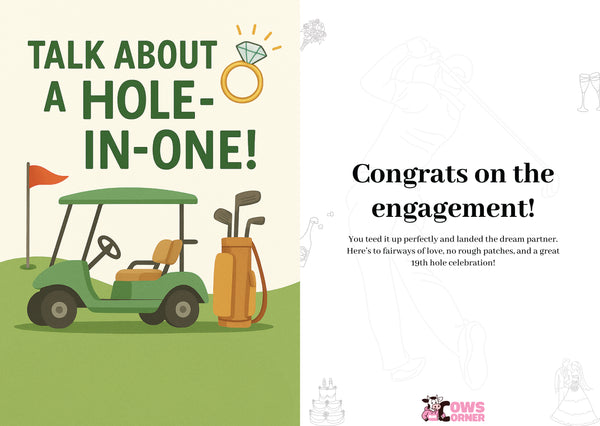 Engagement card with golf cart, clubs, and diamond ring illustration on a green background.  This is a beautiful Cows Corner Card