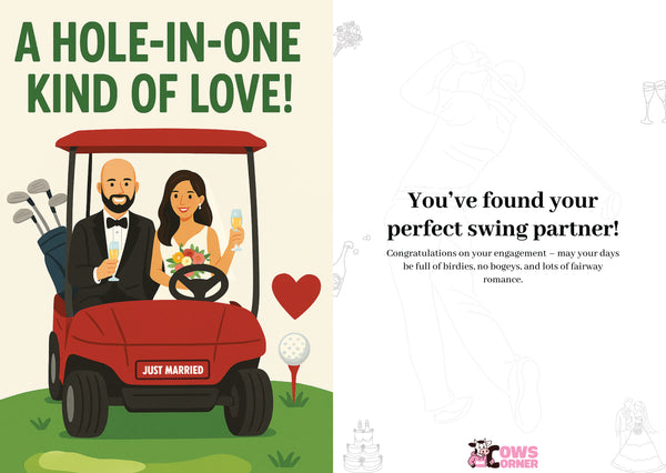 Cartoon illustration of a couple in a golf cart with 'Just Married' sign, surrounded by golf clubs and a heart, on a beige background.  This is a beautiful Cows Corner Card