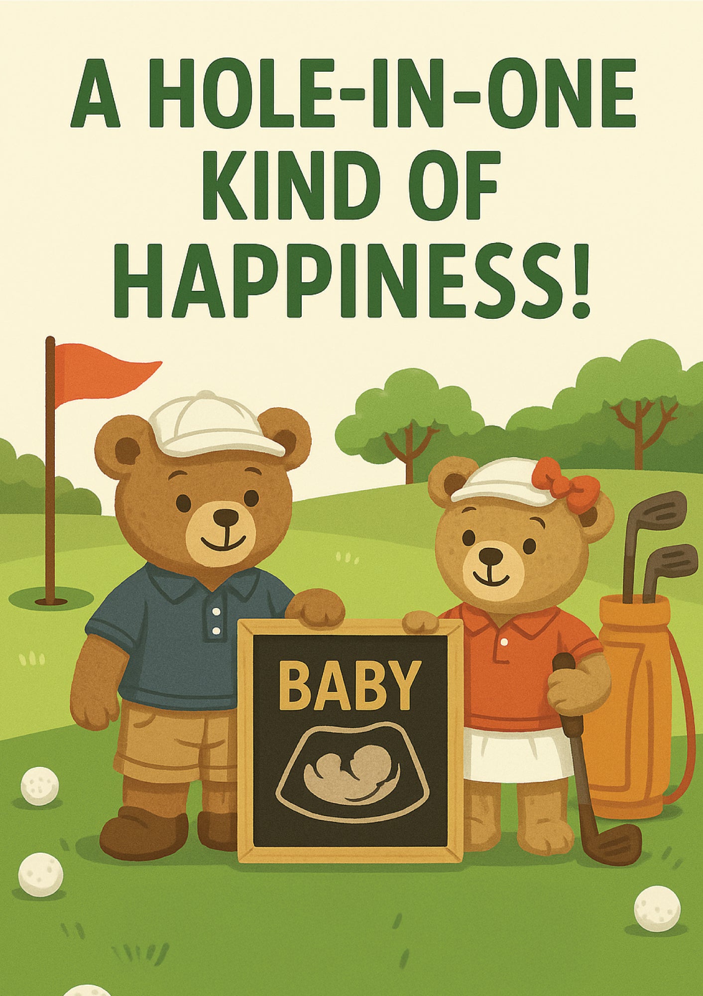 Two teddy bears on a golf course with a 'Baby' sign, surrounded by golf equipment and a golf ball.  This is a beautiful Cows Corner Card