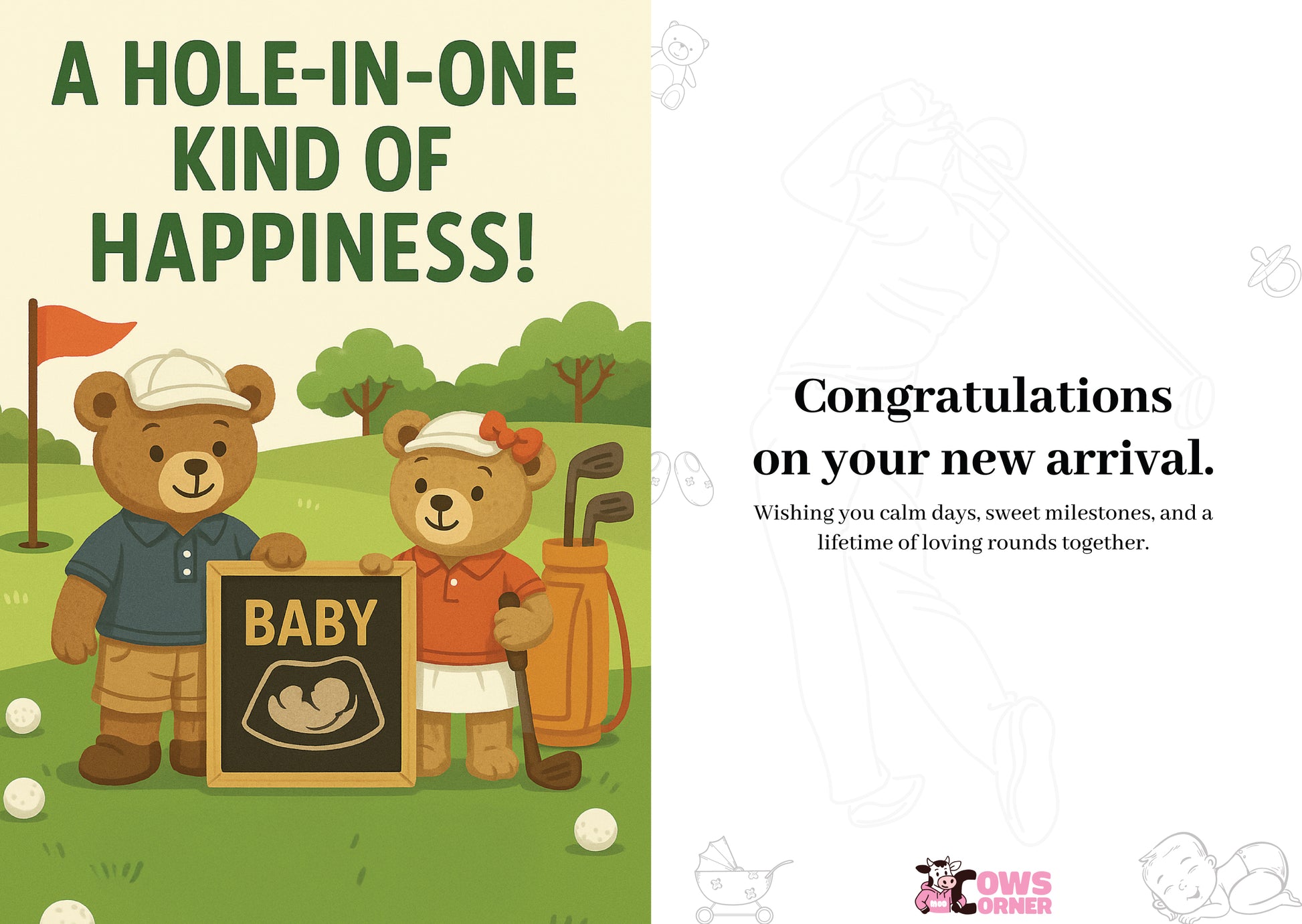 Two teddy bears in golf attire with a baby sign, surrounded by golf balls and a golf club on a grassy background. This is a beautiful Cows Corner Card
