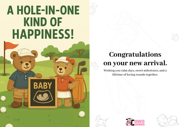 Two teddy bears in golf attire with a baby sign, surrounded by golf balls and a golf club on a grassy background. This is a beautiful Cows Corner Card