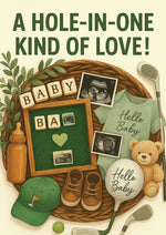 Greeting card with baby announcement elements including a teddy bear, ultrasound photos, and golf-themed decor.  This is a beautiful Cows Corner Card