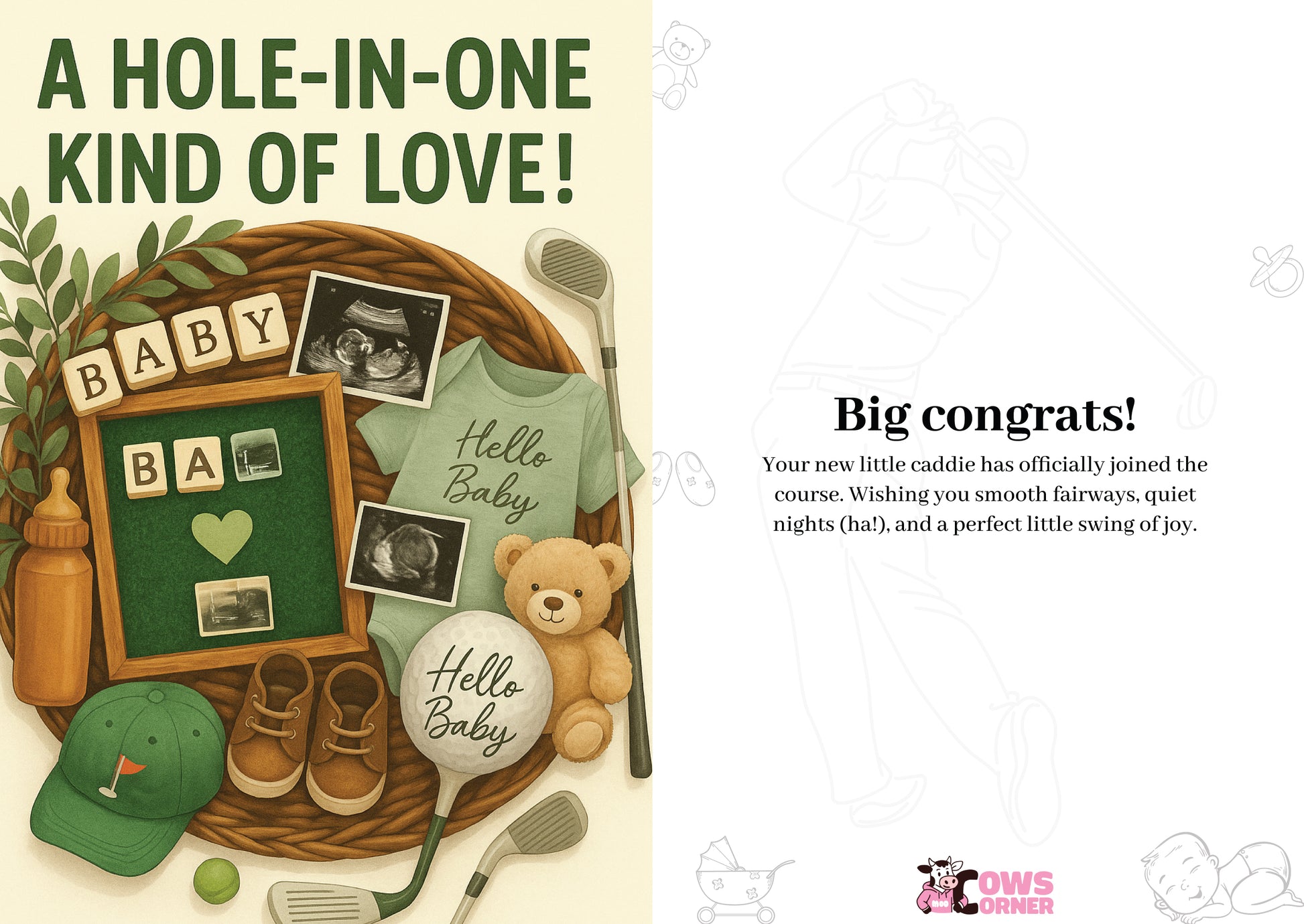 Newborn baby gift set with baby items and 'Baby' sign, featuring text 'A Hole-in-One Kind of Love!'.  This is a beautiful Cows Corner Card