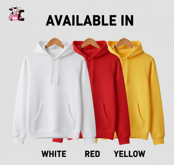 Three hoodies in white, red, and yellow on hangers with text indicating availability.