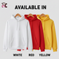 Three hoodies in white, red, and yellow on hangers with text indicating availability indicates and what colours you can print Cows Corner funny cricket, football, Tennis, golf, rugby and Darts slogans on - the perfect gift for all sports fans and perfect for birthdays, Christmas and christenings or just a thoughtful gift.