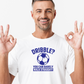 A man wearing a white t-shirt with a funny football slogan on the front that reads 'Dribble You Can Barely Walk Straight!'