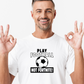 A man wearing a white t-shirt with the funny football slogan written on the front that reads 'Play Football Not Fortnite!