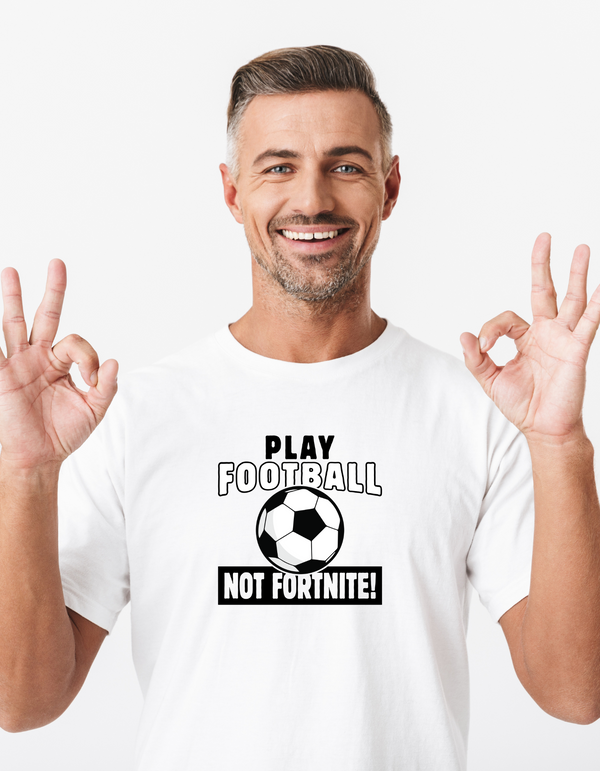 A man wearing a white t-shirt with the funny football slogan written on the front that reads 'Play Football Not Fortnite!