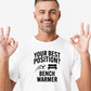 A man wearing a white t-shirt that has the funny football slogan on the front that reads 'Your Best Position? Bench Warmer'