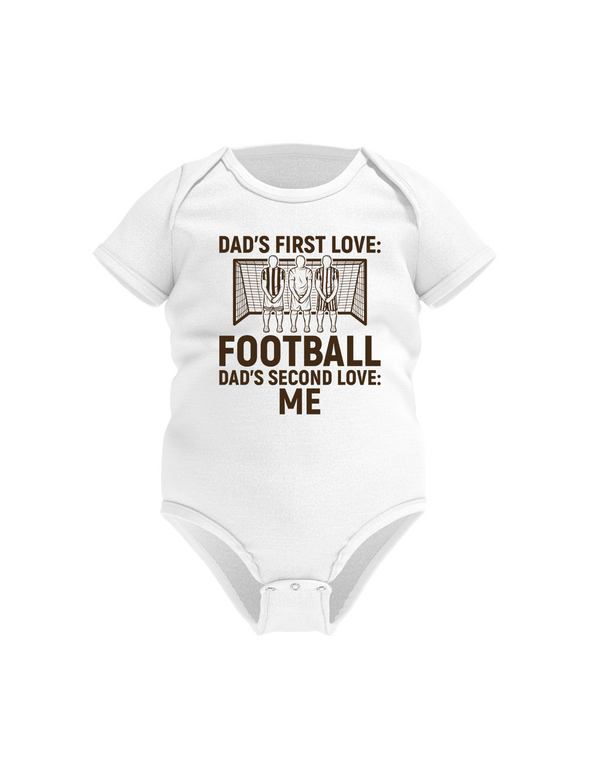 A white baby grow with the funny football slogan on the front saying 'Dad’s First Love: Football. Dad’s Second Love: Me'