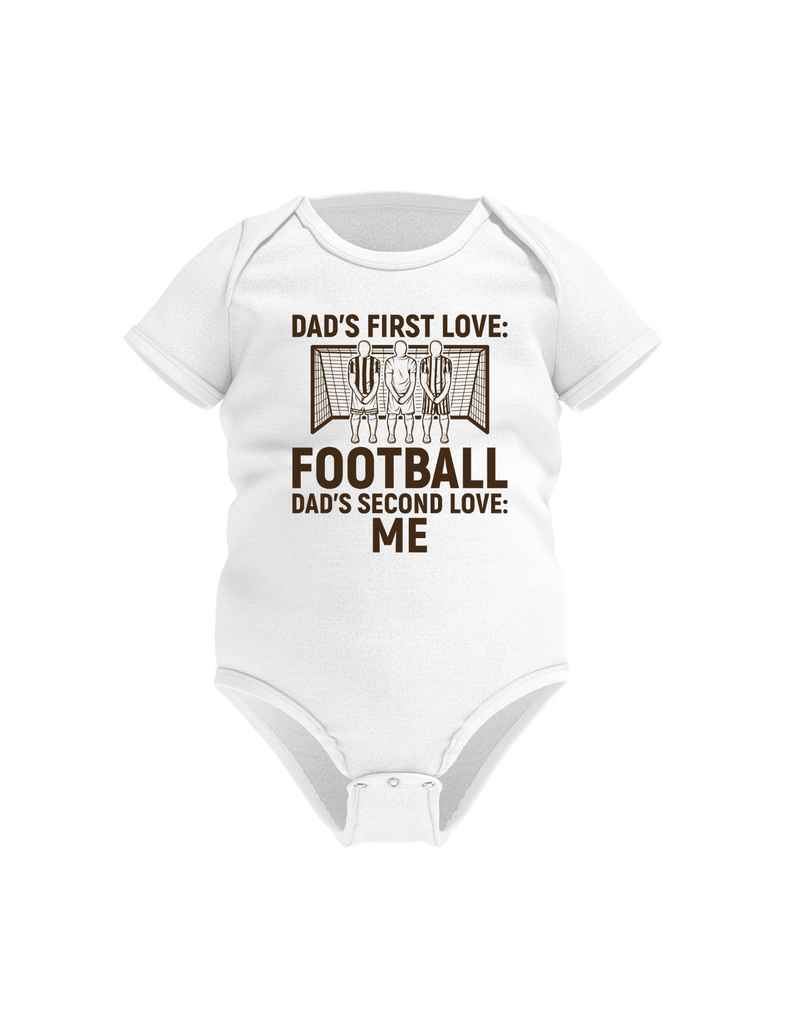 A white baby grow with the funny football slogan on the front saying 'Dad’s First Love: Football. Dad’s Second Love: Me'