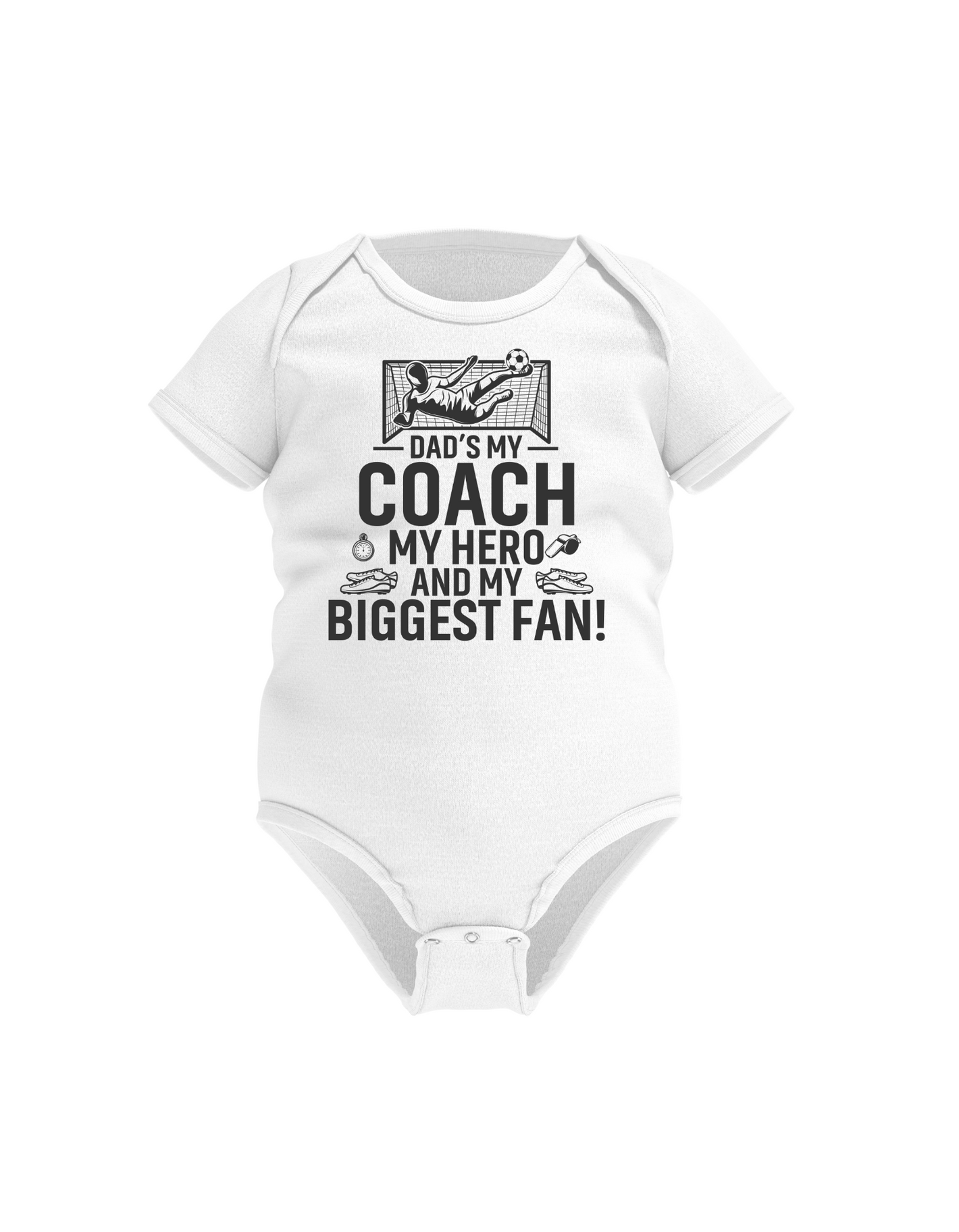 A white baby grow with the funny football slogan on the front saying 'Messi, Ronaldo…Nah ’My Dads the Real Goat!