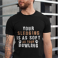 A man wearing a black t-shirt with Your Sledging Is As Soft As Your Bowling on the front. A Funny Cricket T-Shirt, Premium Fabric, Multiple Adult Sizes
