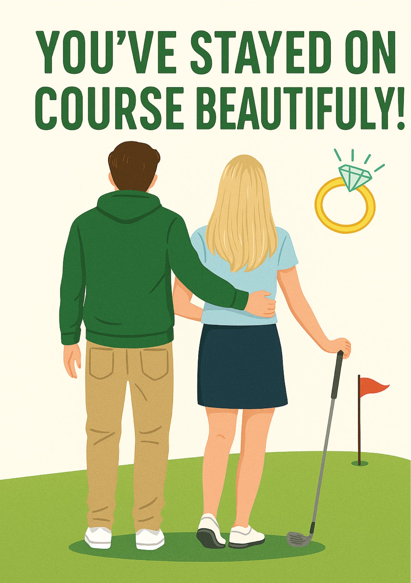 Cartoon couple on a golf course with text 'You've stayed on course beautifully!' and a diamond ring icon. This is a beautiful Cows Corner Card