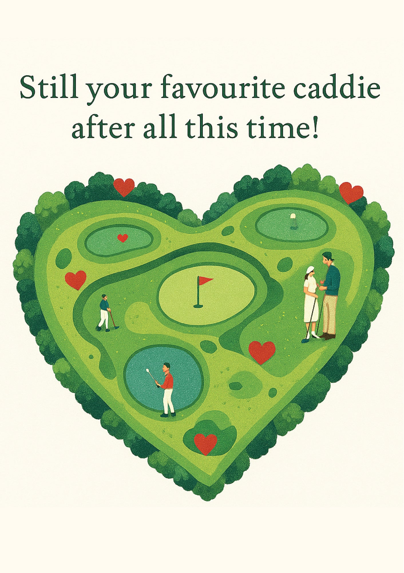Heart-shaped golf course illustration with people playing golf, surrounded by text 'Still your favourite caddie after all this time!'. This is a beautiful Cows Corner Card
