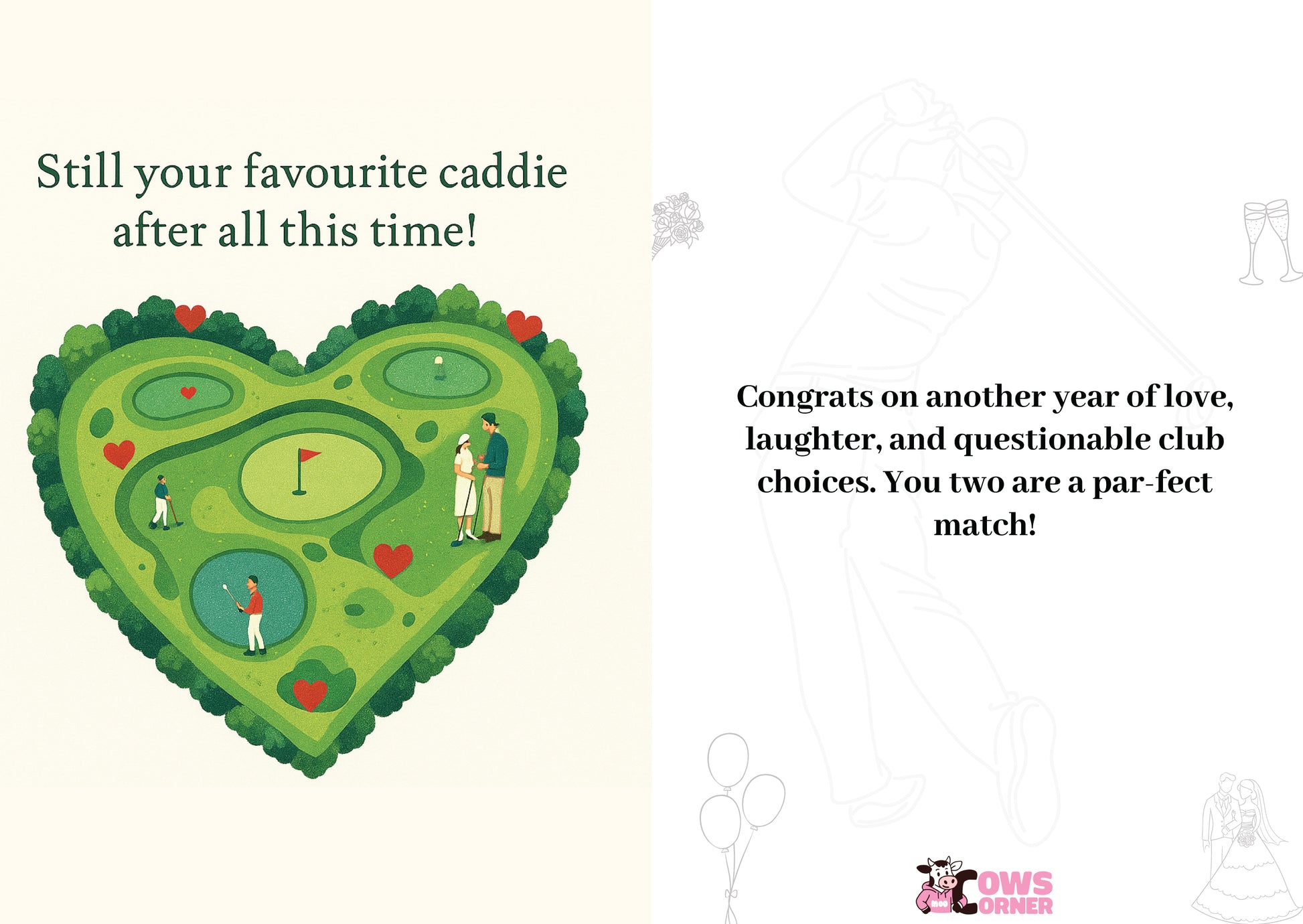 Heart-shaped golf course illustration with golfers, surrounded by text and a brand logo. This is a beautiful Cows Corner Card