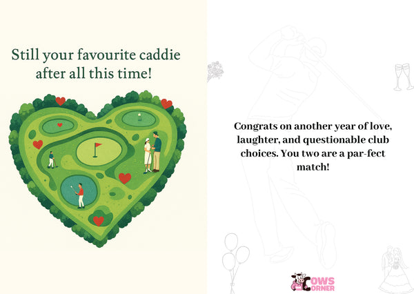 Heart-shaped golf course illustration with golfers, surrounded by text and a brand logo. This is a beautiful Cows Corner Card