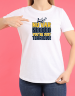A lady wearing a white t-shirt with the funny football slogan on the front that reads 'No VAR Needed You’re Just Terrible'