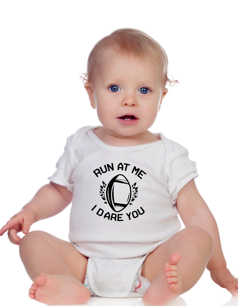 Run at Me I Dare You | Funny Rugby Baby Grow