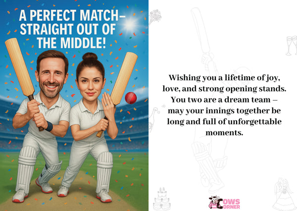 A congratulations engagement card which says 'A perfect match – straight out of the middle!' on the front