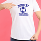A lady wearing a white t-shirt with a funny football slogan on the front that reads 'Dribble You Can Barely Walk Straight!'