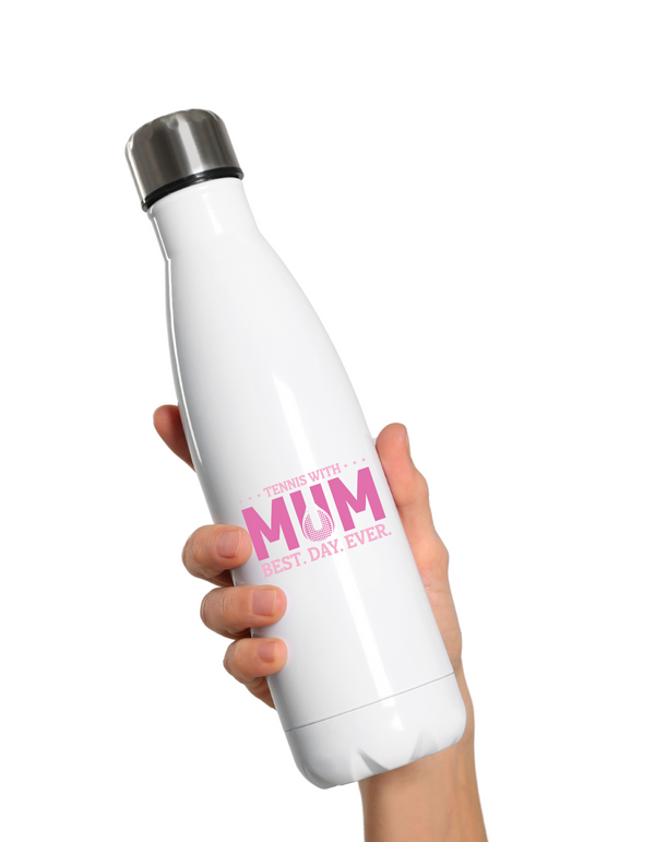 A white stainless steal 500ml water bottle that has the lovely saying on the front that reads 'Tennis with Mums. Best. Day. Ever!'