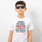 Child wearing a white t-shirt with humorous text design on a plain background, with a slogan on the front saying 'My Dad Plays Rugby. What’s Your Superpower?