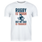White t-shirt with rugby-themed text design on a white background with a Cows Corner slogan saying Rugby is tough, but my dad is tougher