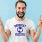 A man wearing a white t-shirt with a funny football slogan on the front that reads 'Dribble You Can Barely Walk Straight!'