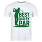 White t-shirt with green golf graphic and text 'Best Dad by Par' on a white background with a Cows Corner slogan, Best dad by par.