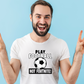 A man wearing a white t-shirt with the funny football slogan written on the front that reads 'Play Football Not Fortnite!
