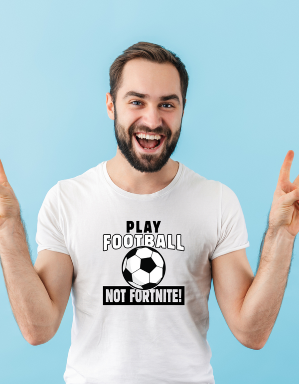 A man wearing a white t-shirt with the funny football slogan written on the front that reads 'Play Football Not Fortnite!