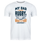 White t-shirt with rugby-themed text and graphic on a white background, with a slogan on the front saying 'My Mum Tackles Everything on the Pitch and at Home!'