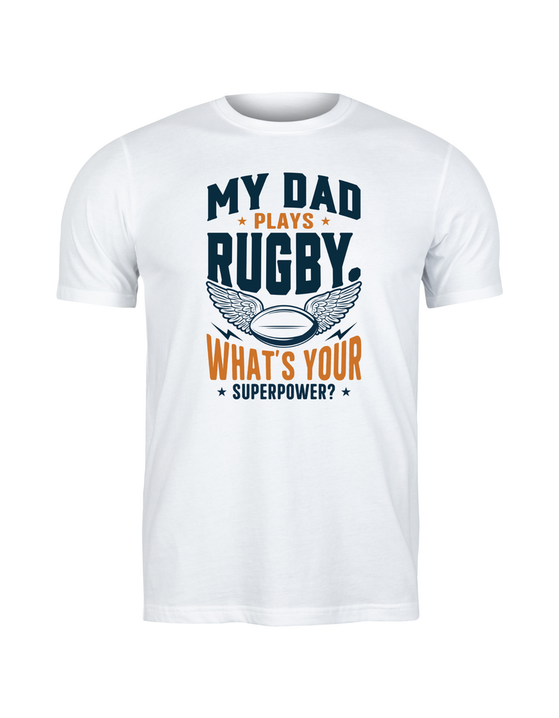 White t-shirt with rugby-themed text and graphic on a white background, with a slogan on the front saying 'My Mum Tackles Everything on the Pitch and at Home!'