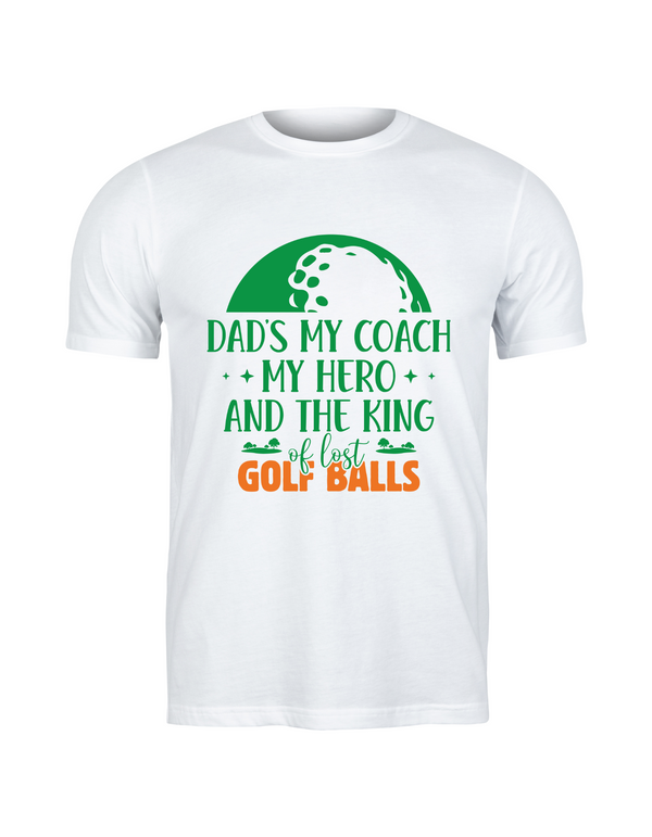 A white T-shirt with a Cows Corner slogan, Best dad by par.