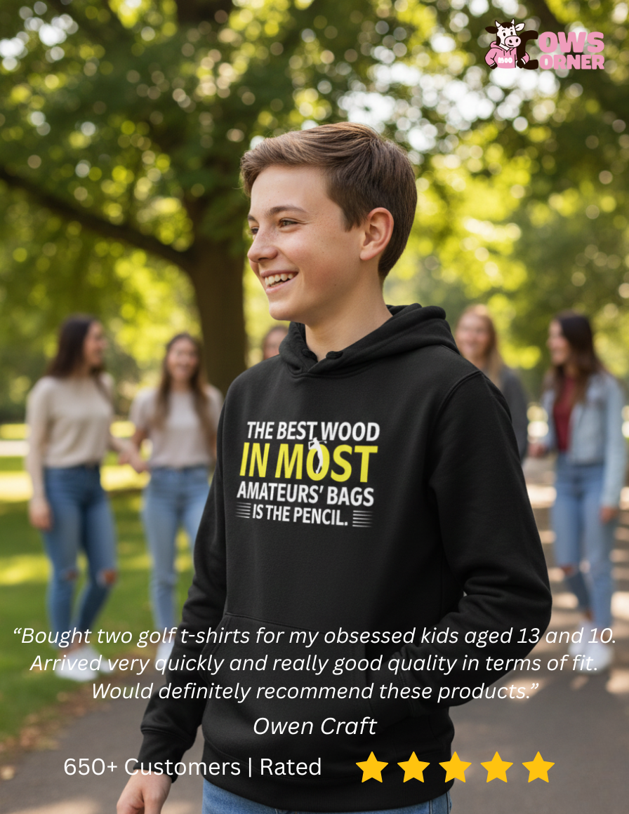 Young boy wearing a black hoodie with text in an outdoor setting with a review at the bottom. Cows Corner gifts are perfect for sport-mad fans, these gifts work brilliantly for birthdays, new baby celebrations, Father’s Day, Mother’s Day, Christmas, anniversaries, thank you gifts, end-of-season team awards, graduations, retirements, and just-because moments when you want to raise a smile. 
