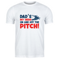 White t-shirt with text 'Dad's my hero on and off the pitch' on a white background with the Cows Corner slogan saying Dad's my hero on and off the pitch